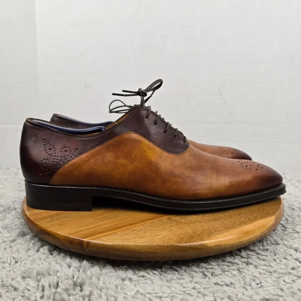 Magnanni Mens 12 Brown Two Tone Burnished Leather Medallion Oxford Dress Shoe
